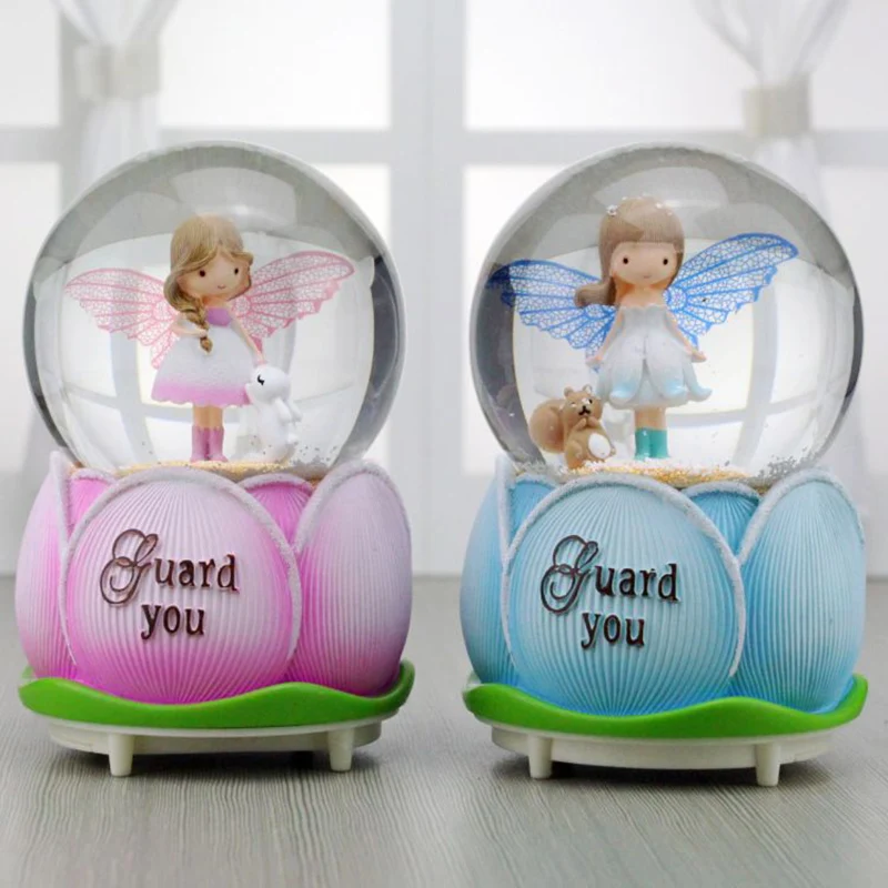 Cute Flower Bud Angel Automatic Floating Snow Crystal Ball Music Box Rotating Music Box with Light Figurines Creative Girl Gifts