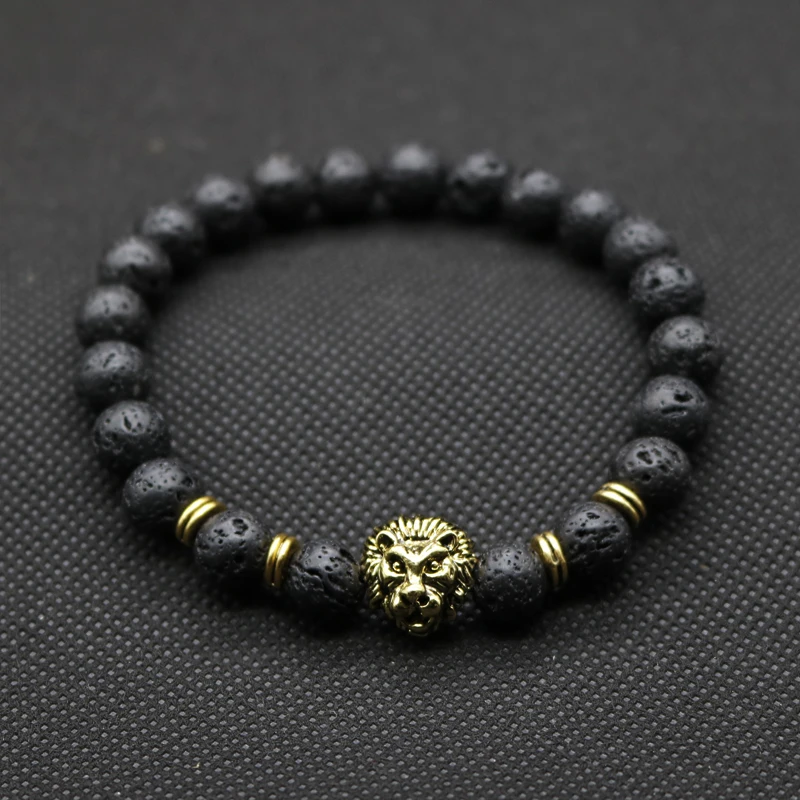 Античное золото-Цвет Будды Leo Lion Head Браслет Из Черной Лавы камень бисером Браслеты для Для мужчин Для женщин браслеты Hombre N4-3