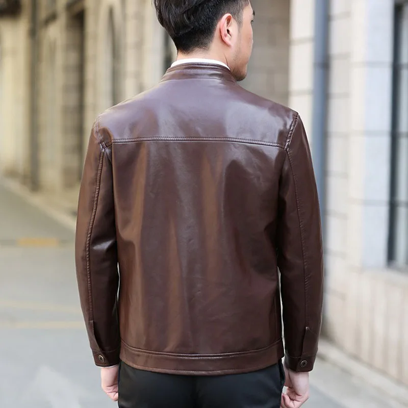 Spring Autumn Motorcycle Leather Jacket Men Slim Fite Zipper PU Men's Jackets Stand Collar | Мужская одежда