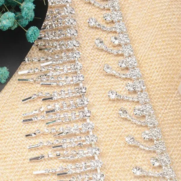 

2yds Crystal Rhinestone Tassel Chain Applique Wedding Bridal Dress Lace Trim Sewing Garment Collar Shoes Decoration Accessories