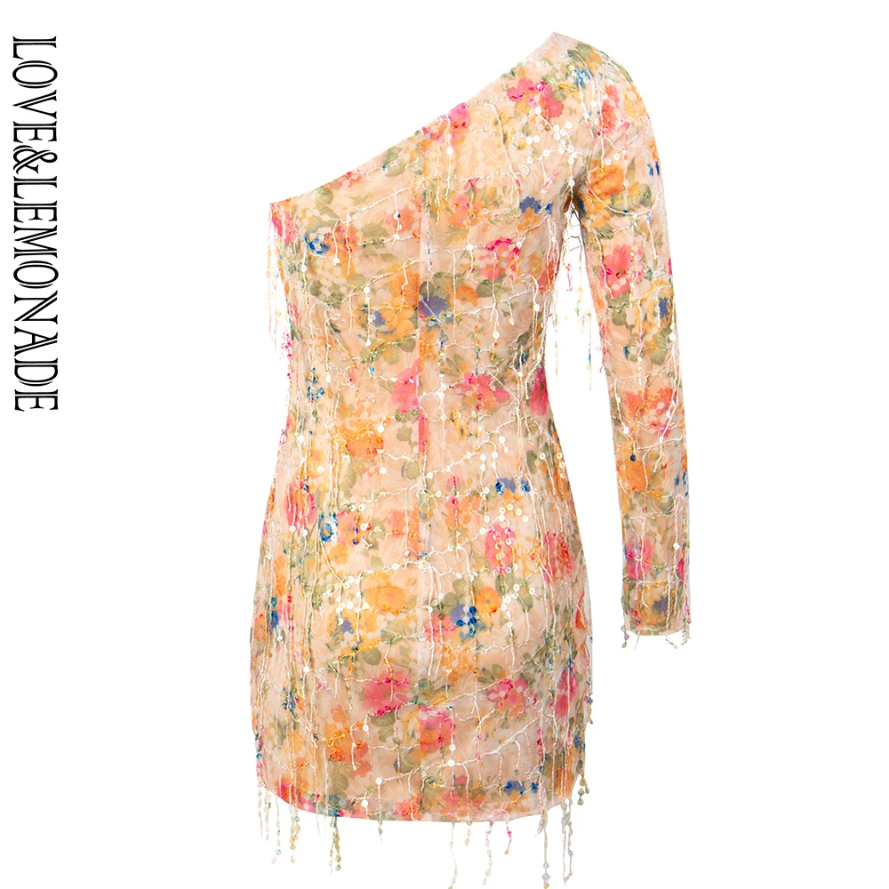 LOVE&ampLEMONADE Сексуальное платье на одно плечо с бахромой принт длинным рукавом со