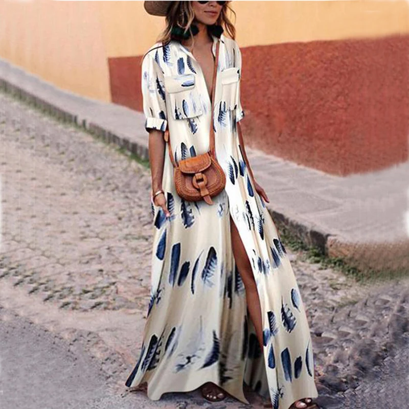 Женское длинное платье до щиколотки Летнее Длинное Платье с принтом макси