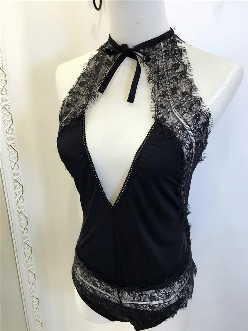 2018 Black/White Women Sexy Lace Transparent Lingerie Deep V Cut Out Backless Erotic Temptation Siamese Silk Sleepwear Slips S-L | Женская