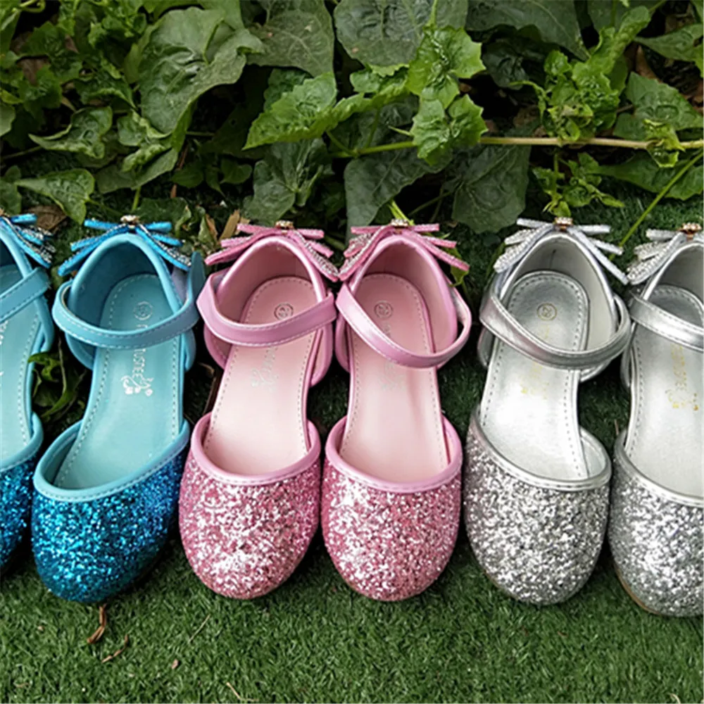 Детская обувь для девочек вечеринок с бантом блестящая однотонная модная на