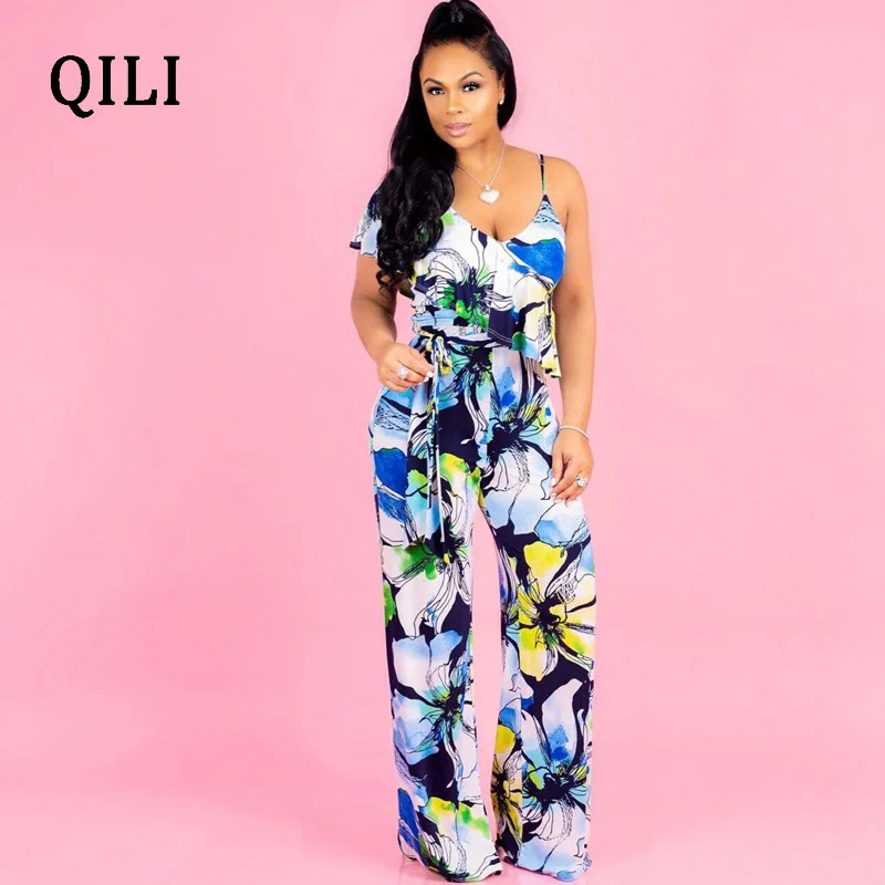 QILI Boho ремешок с цветочным принтом Комбинезон с оборками женский сексуальный Высокая талия пояс широкие Свободные Комбинезоны Летний Пляжный комбинезон