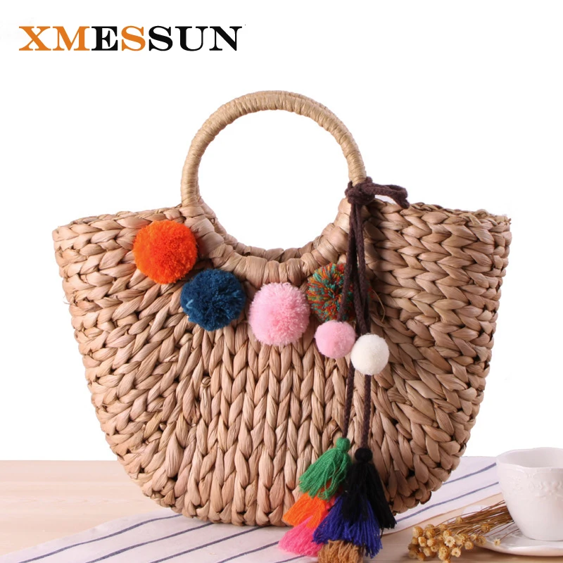 Пляжная Соломенная Сумка-тоут женская сумка ручной работы с разноцветными