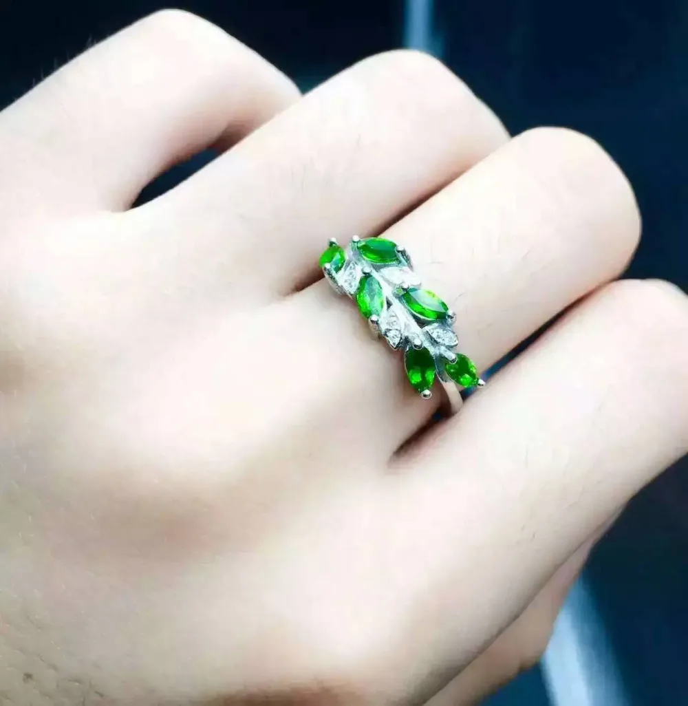 Женское кольцо из серебра 100% пробы с натуральным зеленым камнем|fine jewelry|gemstone
