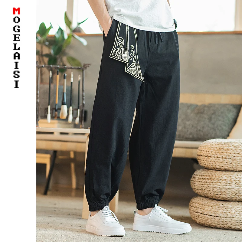 Брюки-шаровары мужские хлопковые льняные с вышивкой в китайском стиле