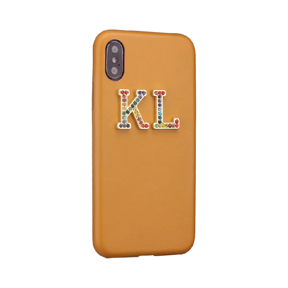 Brown Leather Case Стразы, бриллианты, кристалл, металл, индивидуальные инициалы, гладкий тонкий кожаный чехол для iPhone 11 Pro 6S XS Max XR 7 7Plus 8Plus X - Цвет: Brown Leather Case