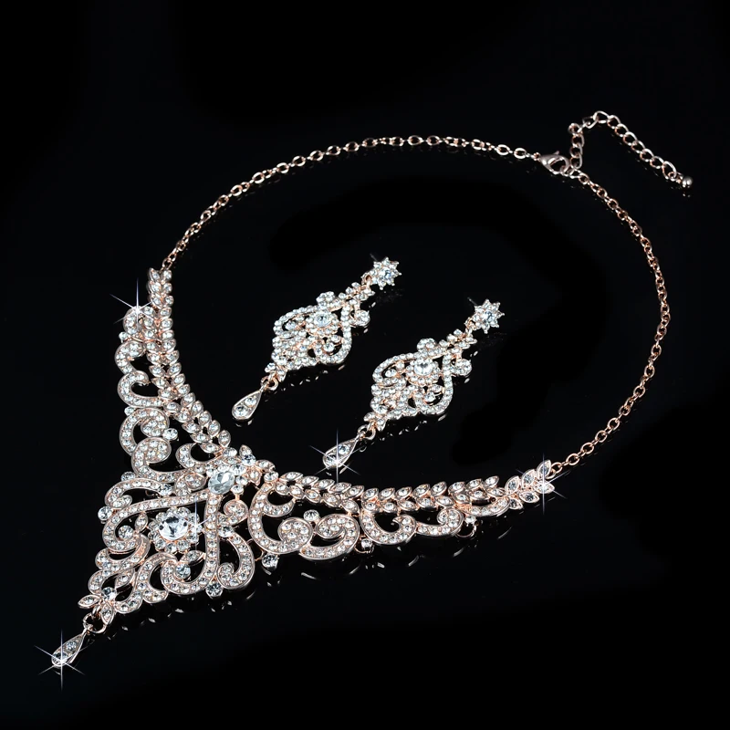 SLBRIDAL розовое золото стразы кристаллы Свадебные украшения Набор ожерелье серьги