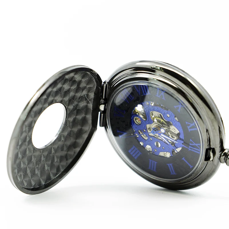 Classic Black Automatic Winding Roman Numerals Mechanical Pocket Watch Antique Steampunk Hollow with Chain Pendant Men's Clock