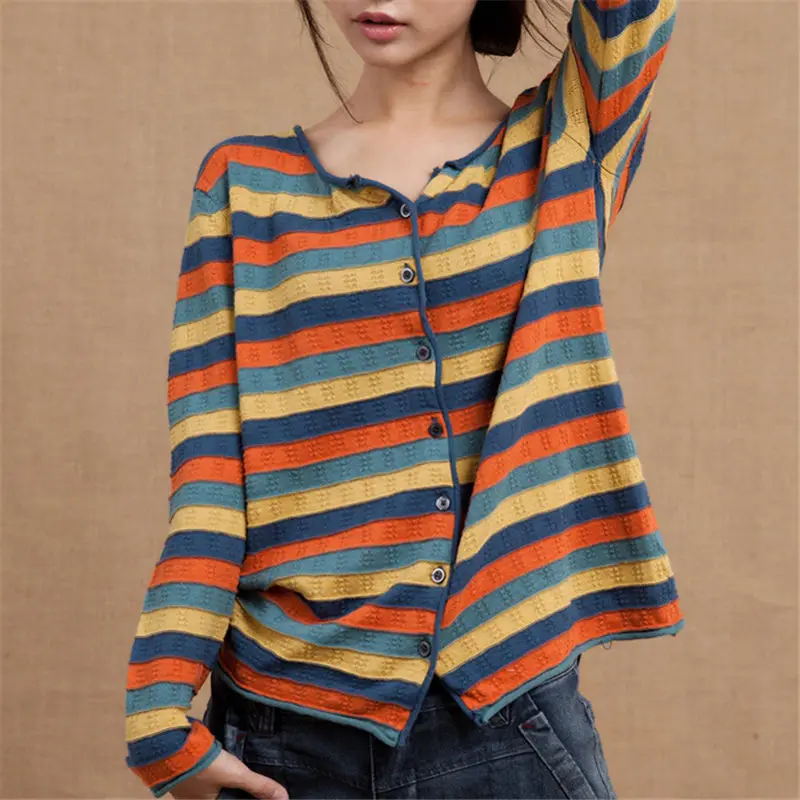 colors knitted tops Женский вязаный свитер, кардиганы, весна, новинка, большой размер, полосатая рубашка, свободная, с v-образным вырезом, с длинным рукавом, женское тонкое пальто f158 - Цвет: colors knitted tops