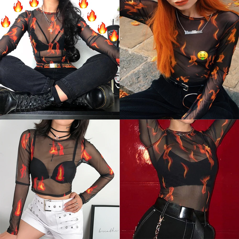 Футболка женская сетчатая с круглым вырезом и принтом пламени брендовый
