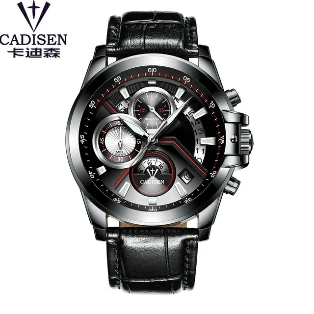 leather black CADISEN, мужские часы, Топ бренд, Роскошные, военные, армейские, спортивные, повседневные, водонепроницаемые, мужские часы, кварцевые, нержавеющая сталь, наручные часы - Цвет: leather black