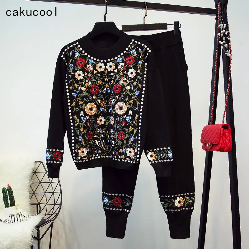 Cakucool/весенне-Женский комплект 2 шт. Вязаный топ с цветочной вышивкой и
