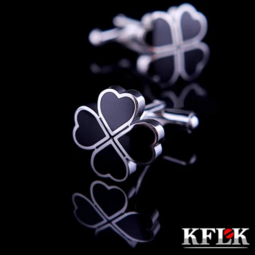 

KFLK 2020 Luxury HOT shirt cufflinks for mens gift Brand cuff buttons Clover cuff links Black High Quality abotoaduras Jewelry