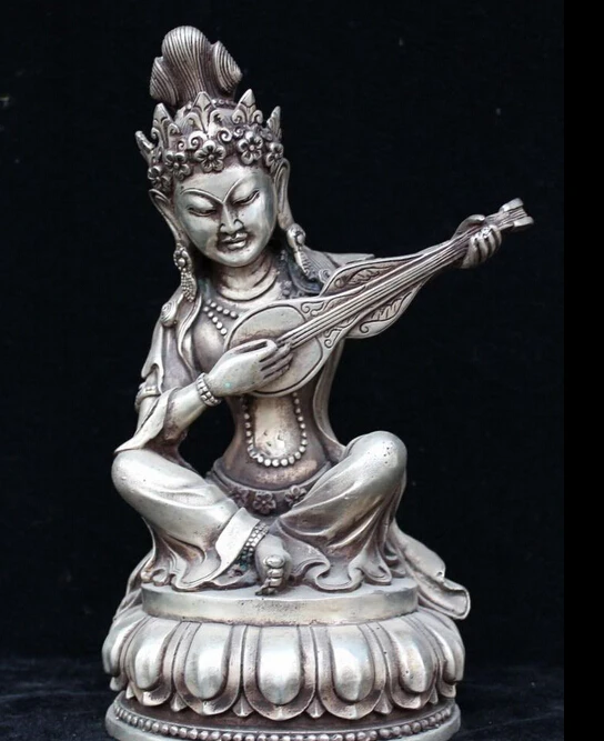 

10" Chinese Silver Music Musical Master Hold Guitar Buddha Seaten Base Statue S0708