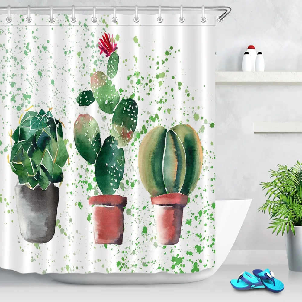 LB тропические растения акварель Зеленый Кактус белый душ занавеска