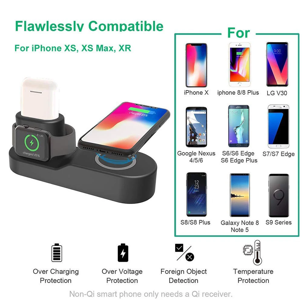 Беспроводная зарядная док станция 4 в 1 QI для Apple Watch 2 3 IPhone 11X8 Plus XR XS Max AirPods