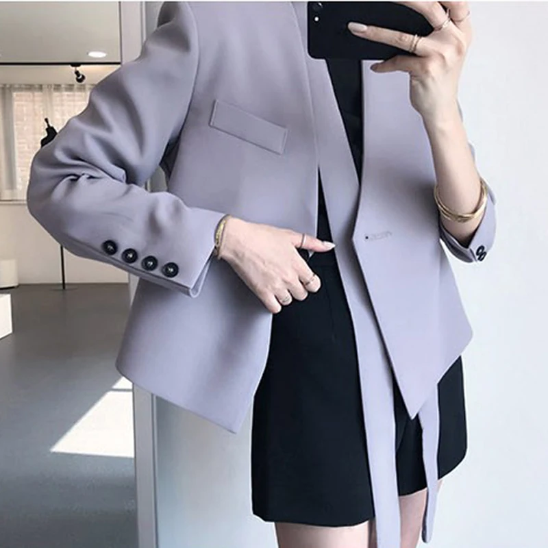 Мода одна кнопка v-образным вырезом короткие женские блейзеры шикарная лента