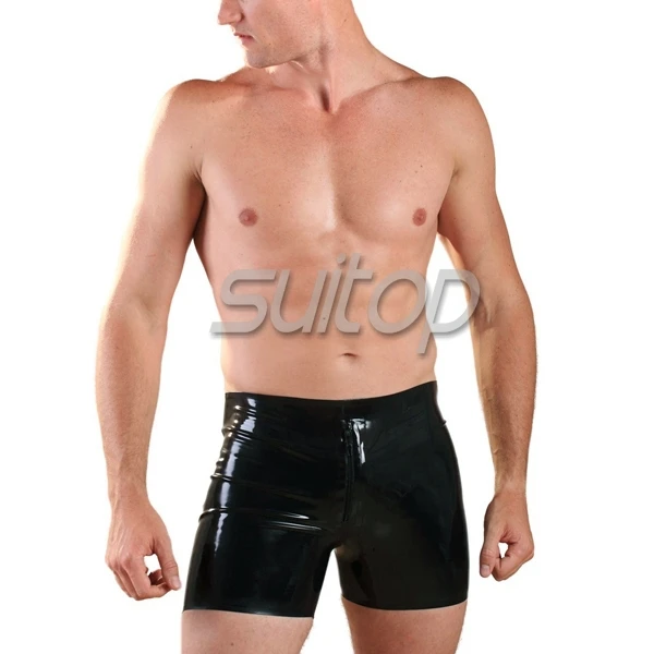 Suitop fress Shipping latex tight short pants with front zip for men |
