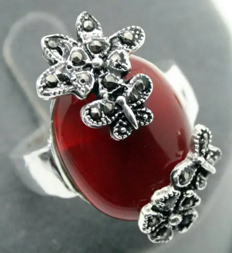 28*15mm RARE NATURAL RED Natural jade ONYX 925 SILVER MARCASITE RING SIZE 7/8/9/10 | Украшения и аксессуары