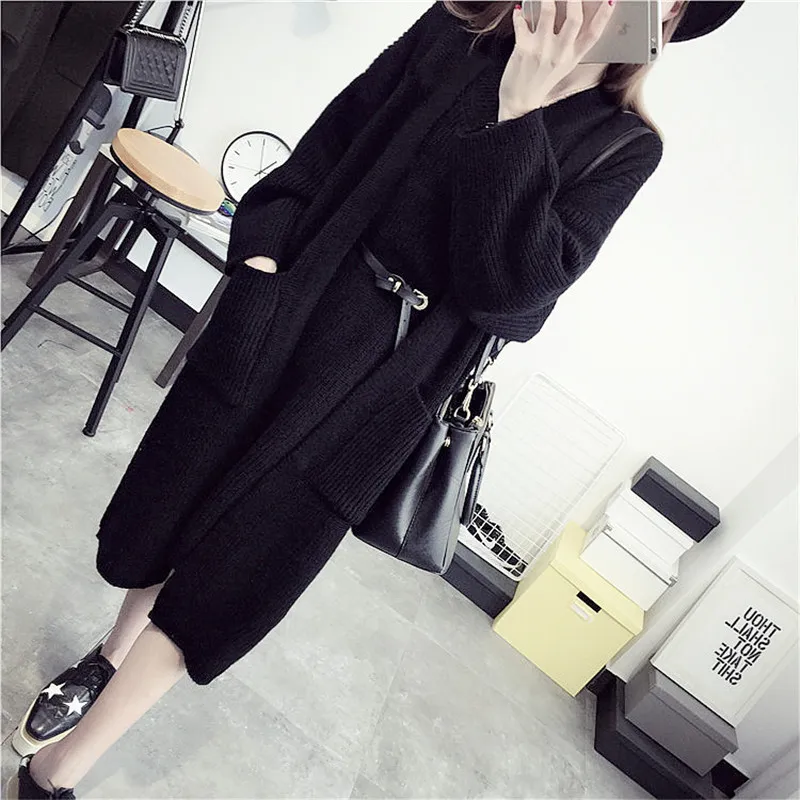 Корейский стиль 2019 весна осень модный свитер платье длинный вязаный кардиган без