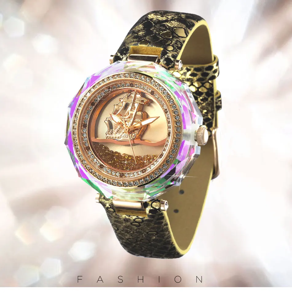 PB Princess Butterfly clock Бренд Зыбучие Пески и Парусный Циферблат часы женские наручные Кристалл Роскошный Цвет Радуги Кварц Кожа