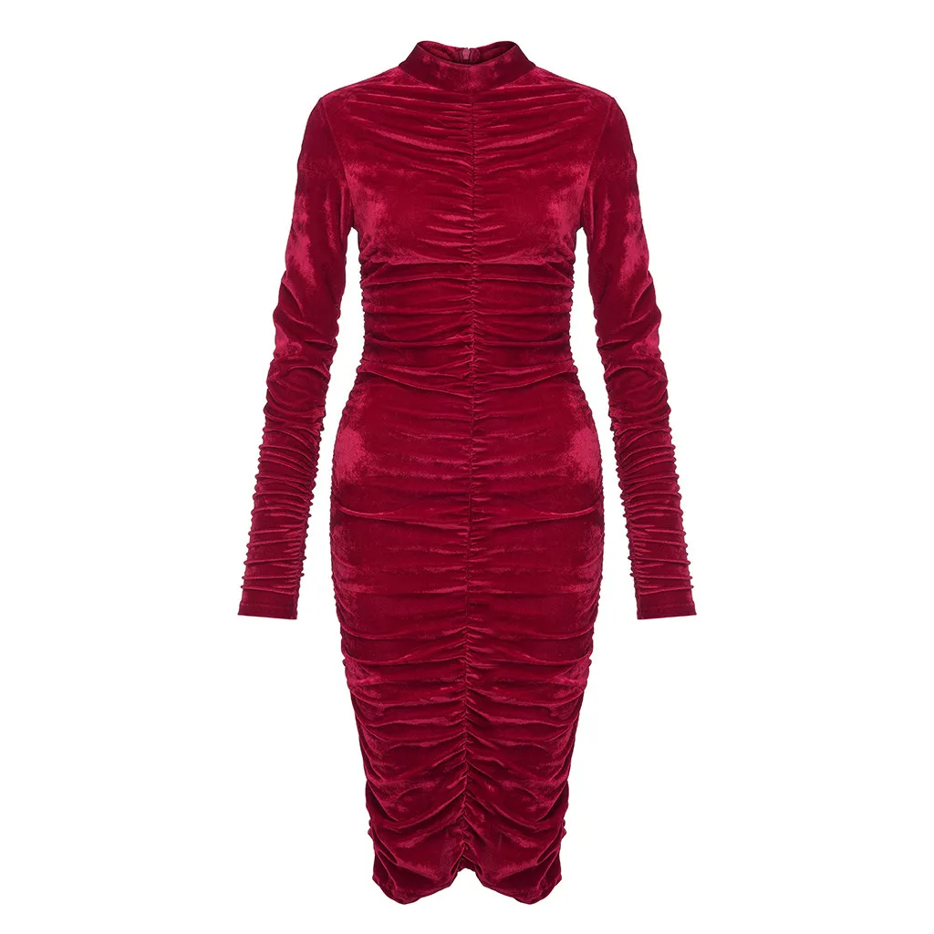 Модные женские туфли платье Vestido Invierno Зимние Женские однотонные с высоким, плотно облегающим шею воротником облегающее платье с рюшами, вечернее платье в обтяжку ягодицы платье красные платья для женщин