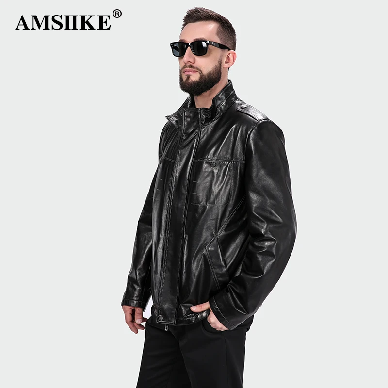 AMSIIKE 2017 Мужская Кожаная Куртка Воротник Стойка на Молнии и Клепках|chaqueta casual|chaqueta