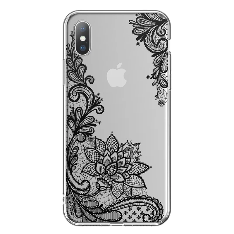 Чехол для телефона Lovebay для iPhone 6, 6s, 7, 8 Plus, X, XR, XS, Max, 5, 5S, SE, роскошный сексуальный кружевной чехол с мандалой и цветами, прозрачный мягкий чехол из ТПУ для iPhone X - Цвет: T2 black