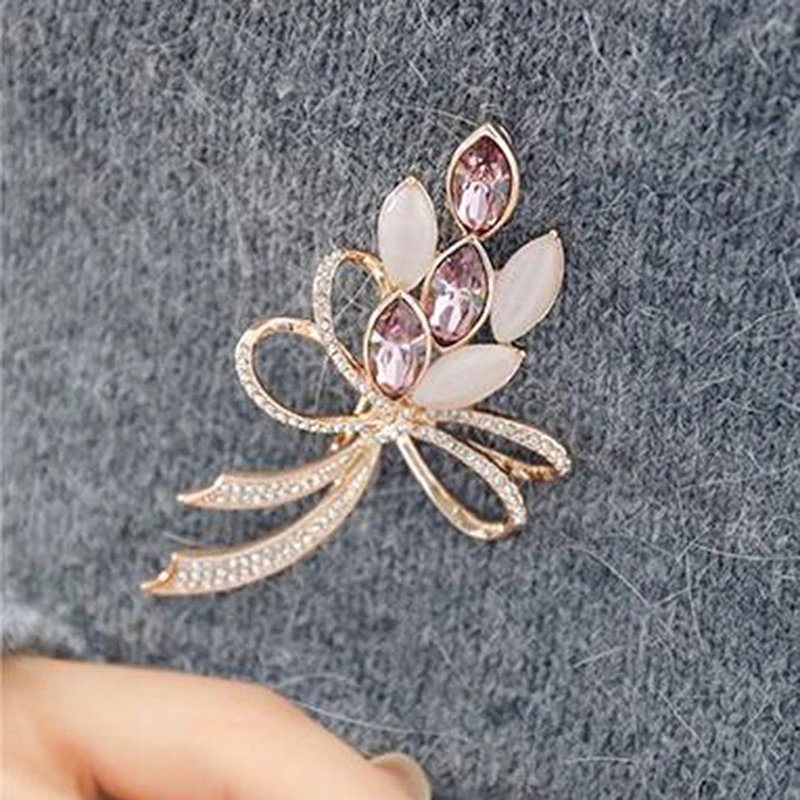 Ladies Crystal Flower Bowknot Brooches Classic Exquisite Female Golden Bright Opal Shining Bouquets | Украшения и аксессуары