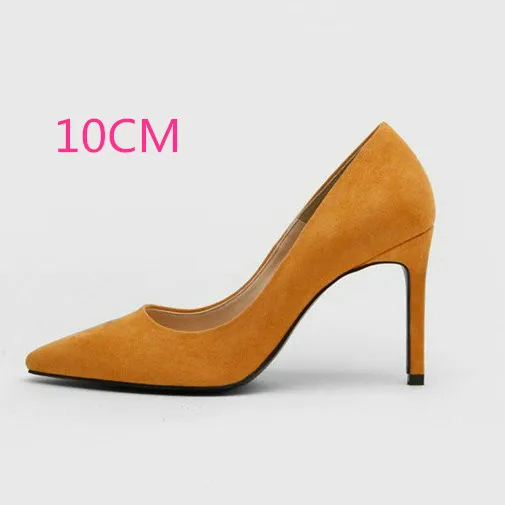 Yellow-10CM Heel Женские туфли-лодочки из флока на высоком каблуке с острым носком, пикантная женская обувь на тонком каблуке, chaussure femme, осень - Цвет: Yellow-10CM Heel