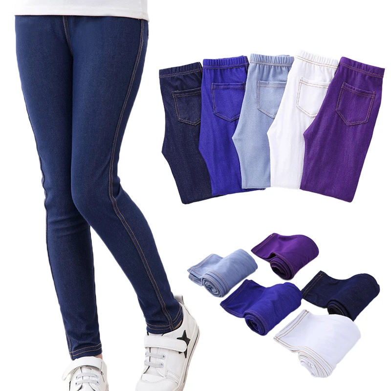 Spring Summer Girls Elastic Skinny Pants Solid Color Kids Stretch Trousers 3-12Yrs Children Lmitation Denim Fabric Jeans Pants