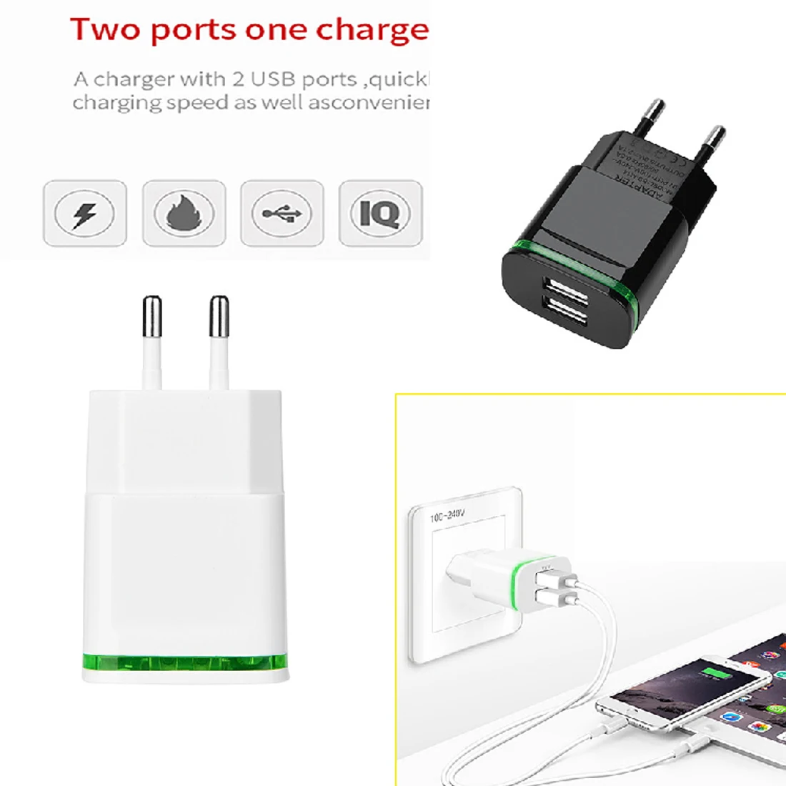 Быстрое зарядное устройство с двумя разъемами USB и европейской вилкой 2.1A, высокая мощность, Прямая зарядка, зарядная головка, европейский стандарт, зарядка
