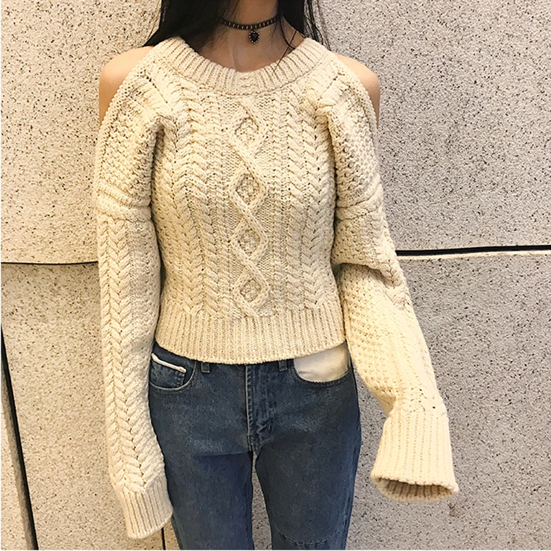 Women Off Shoulder Halter Sexy Pullovers Sweaters Femme Backless O Neck Loose Solid Club Knitwear 2019 Winter Knitted Sweater | Женская