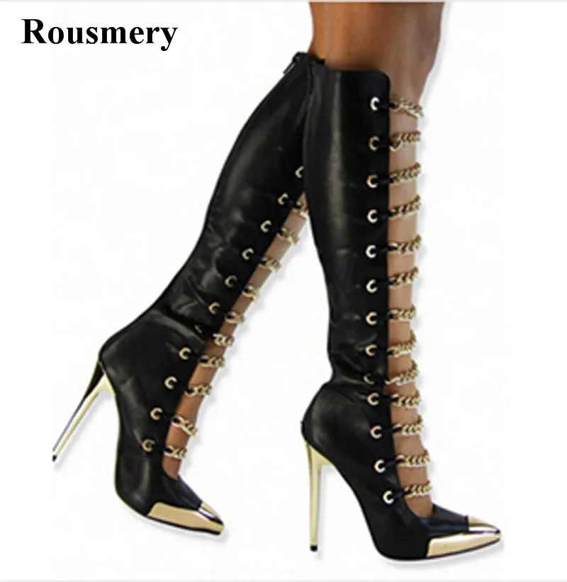 Хит продаж женские модные сапоги до колена с острым металлическим носком