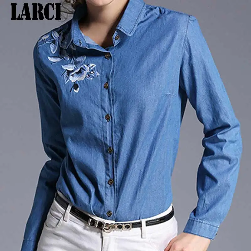 LARCI 2018 новый бренд топ джинсы рубашки джинсовые Blusa Джинсовая блузка с длинным
