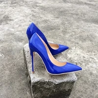 sexy deep blue patent leather pointed toe shallow pumps summer fashion slip on high heel dress shoes 12cm heel high quality