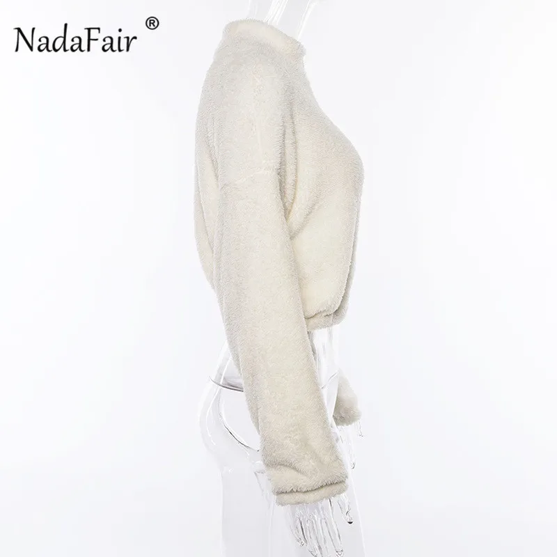 Nadafair с длинным рукавом белая укороченная Толстовка для женщин Осень Зима Пуловер короткий Свитшот плюш молния искусственный мех Пушистый Свитшот