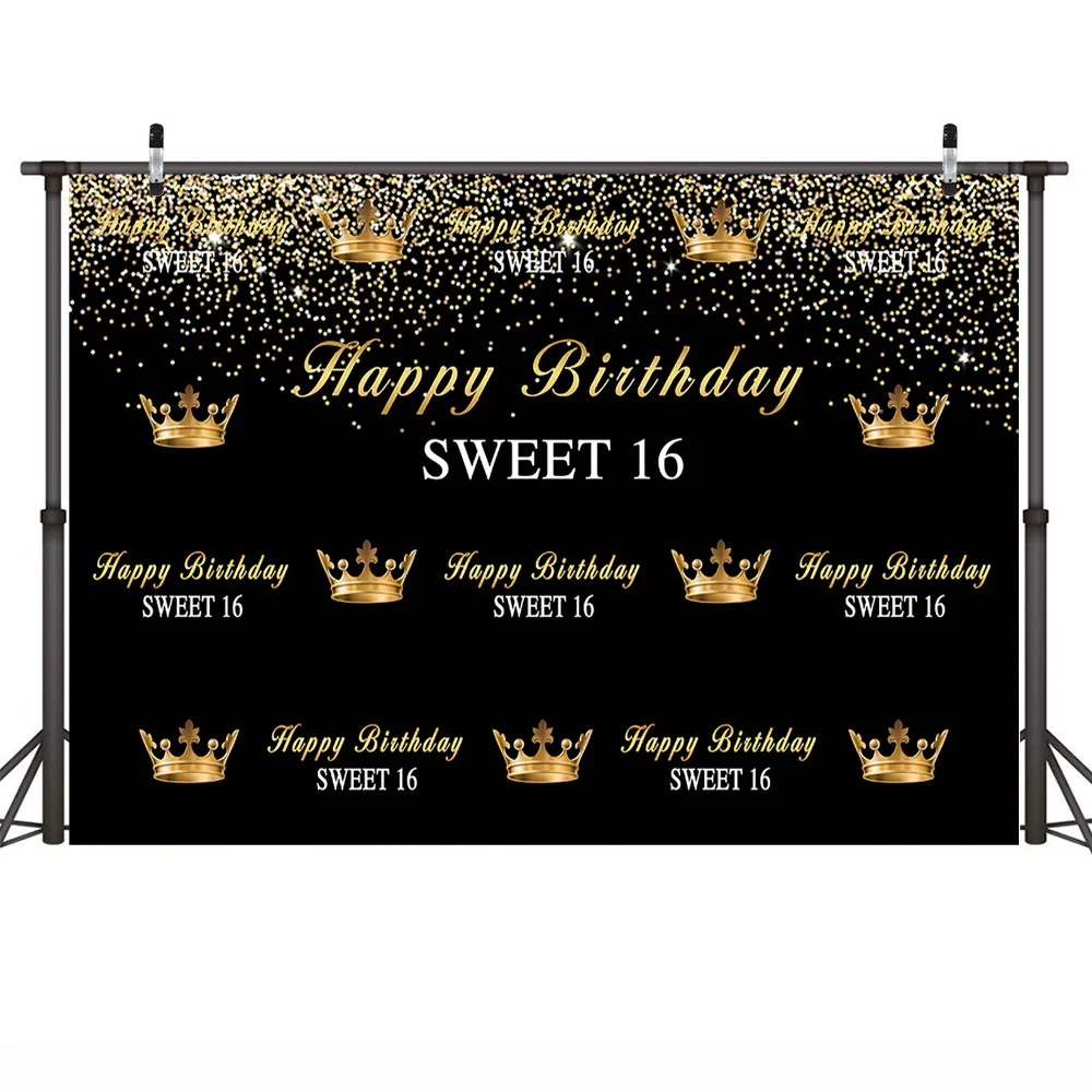 Crown Royal Sweet 16 Photo Background Happy Birthday Party Banner Black Gold Backdrops for Photography Party Decor Poster