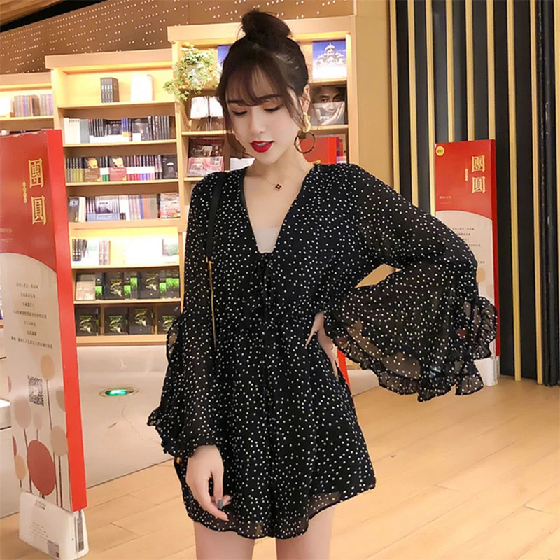 Весеннее женское платье в горошек размера плюс v-образный вырез длинный рукав