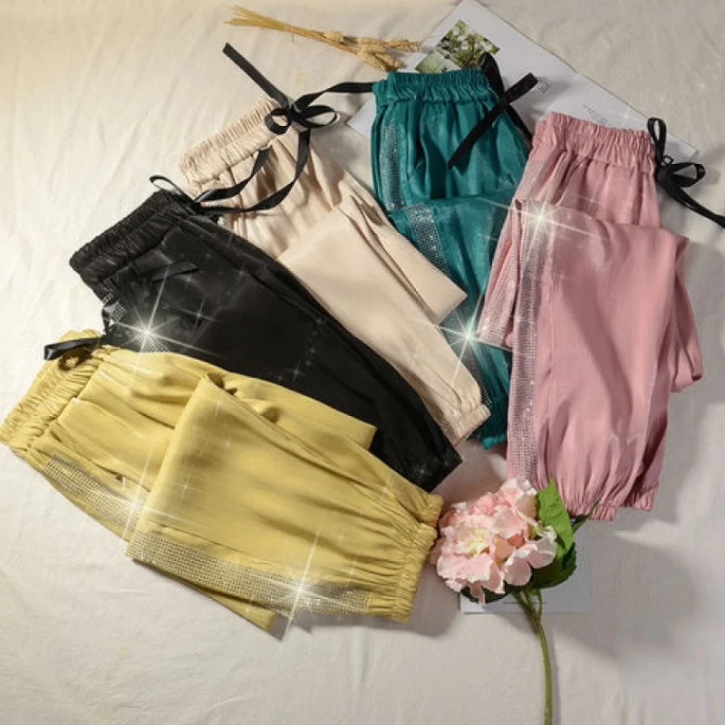 Женские шаровары с бантом летние весенние корейские желтые зеленые черные