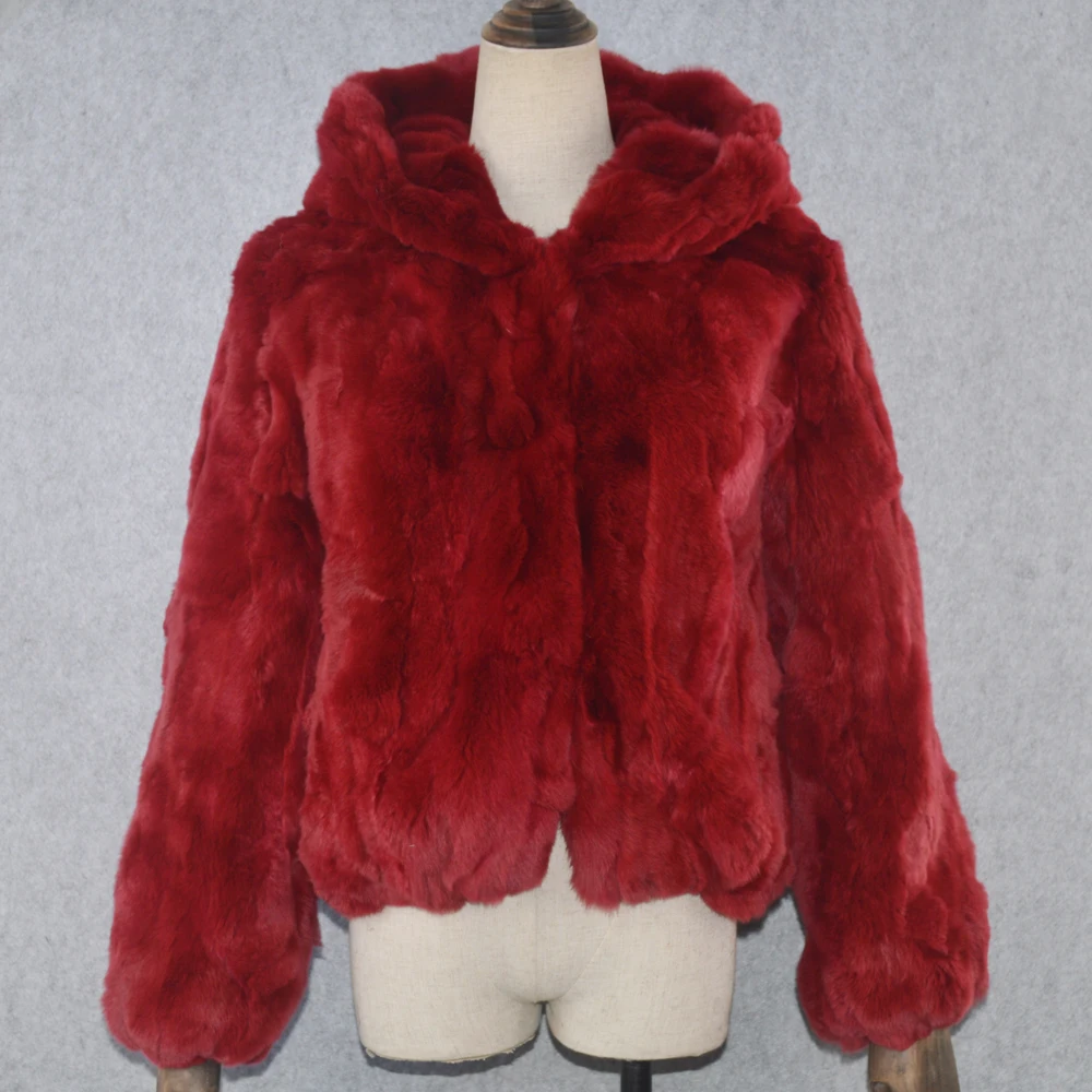 Зимняя повседневная обувь для женщин с капюшоном Настоящий мех кролика пальто