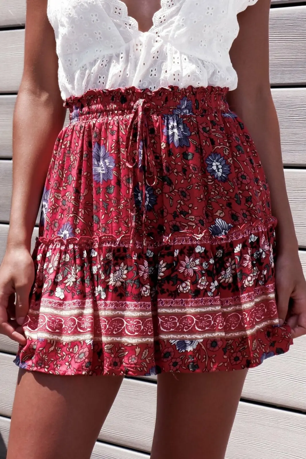 

2019 Women Boho Casual Floral High Waist Beach Summer Short Mini Sundress Skirts Pleated Ball Gown Plain Vintage Soft Skirts