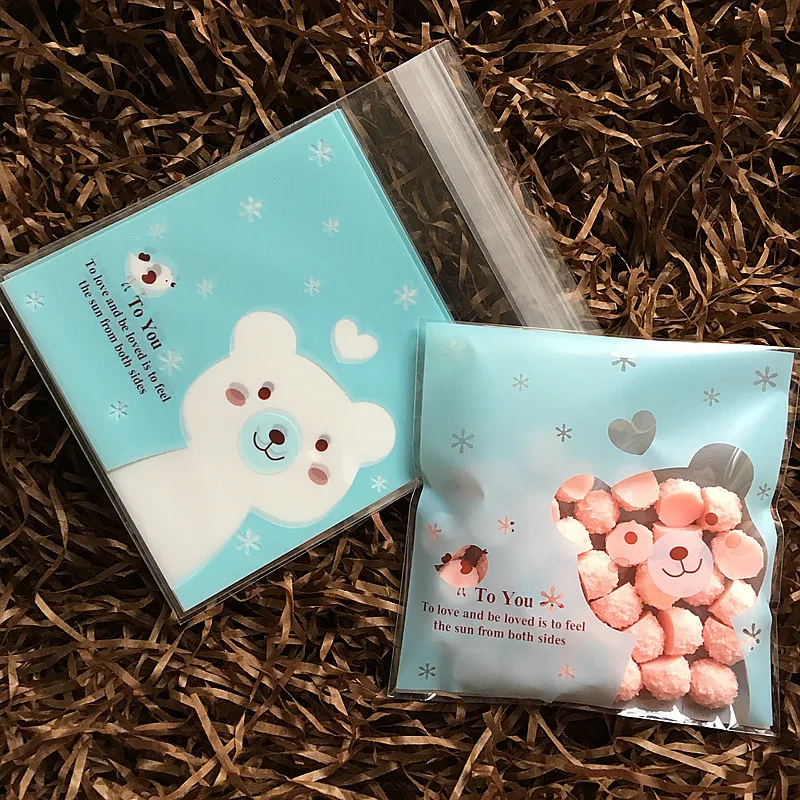 100 шт./лот упаковочный пакет для печенья с голубым медведем пластиковые пакеты