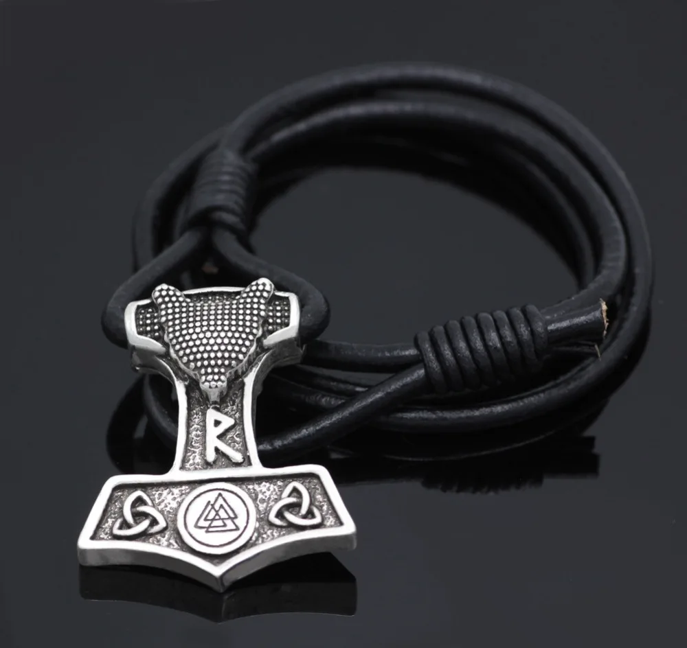 Викинга лиса громовой Молот кулон викинга символ Valknut кожаный браслет Triquetra Мужская подвеска, амулет ювелирные изделия подарок