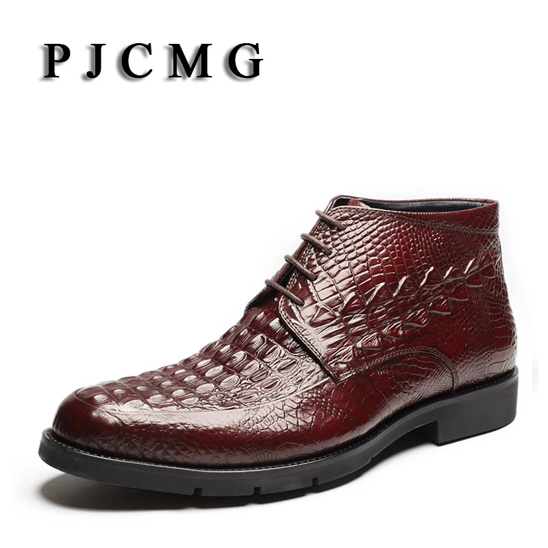 

PJCMG Retro Fashion Waterproof Genuine Leather High Quality Lace-Up Pointed Toe Business Ankle Oxford Plat Boots For Winter