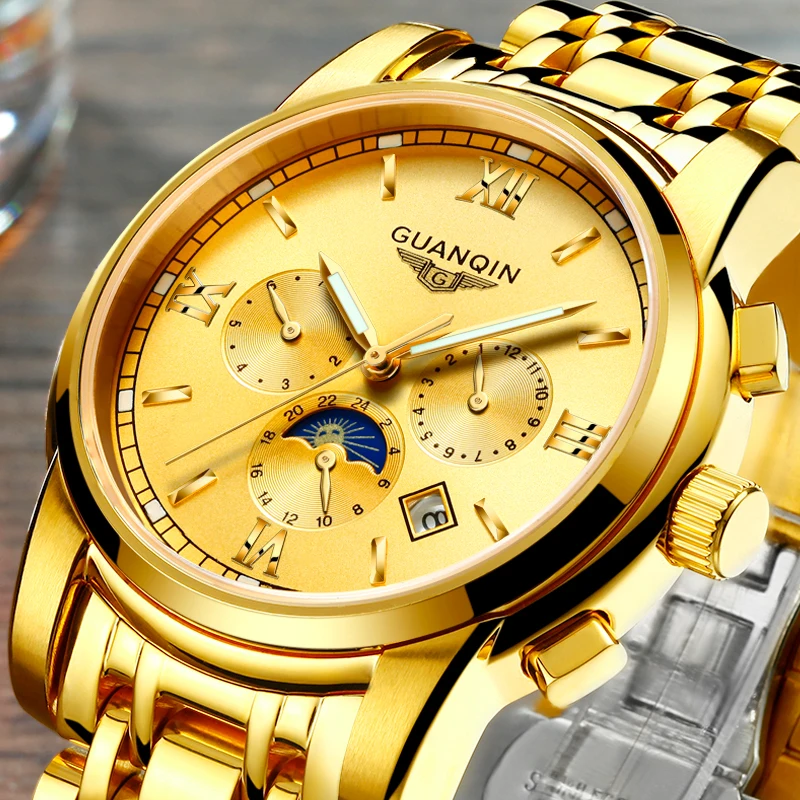 2020 GUANQIN Mens Watches Top Brand Luxury Men Business Casual Stainless Steel Watch Waterproof Automatic Mechanical Wrist Watch