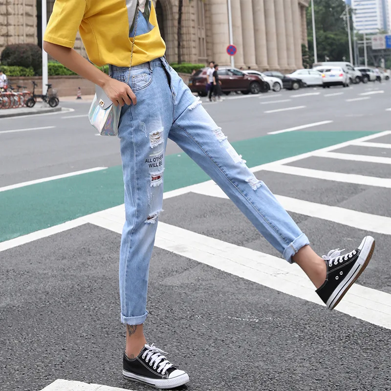 2019 New Arrival Female Casual Ripped Hole Loose Harem Pants Slim High Waist Jeans Fashion Nine Points Trousers Women D233 | Женская